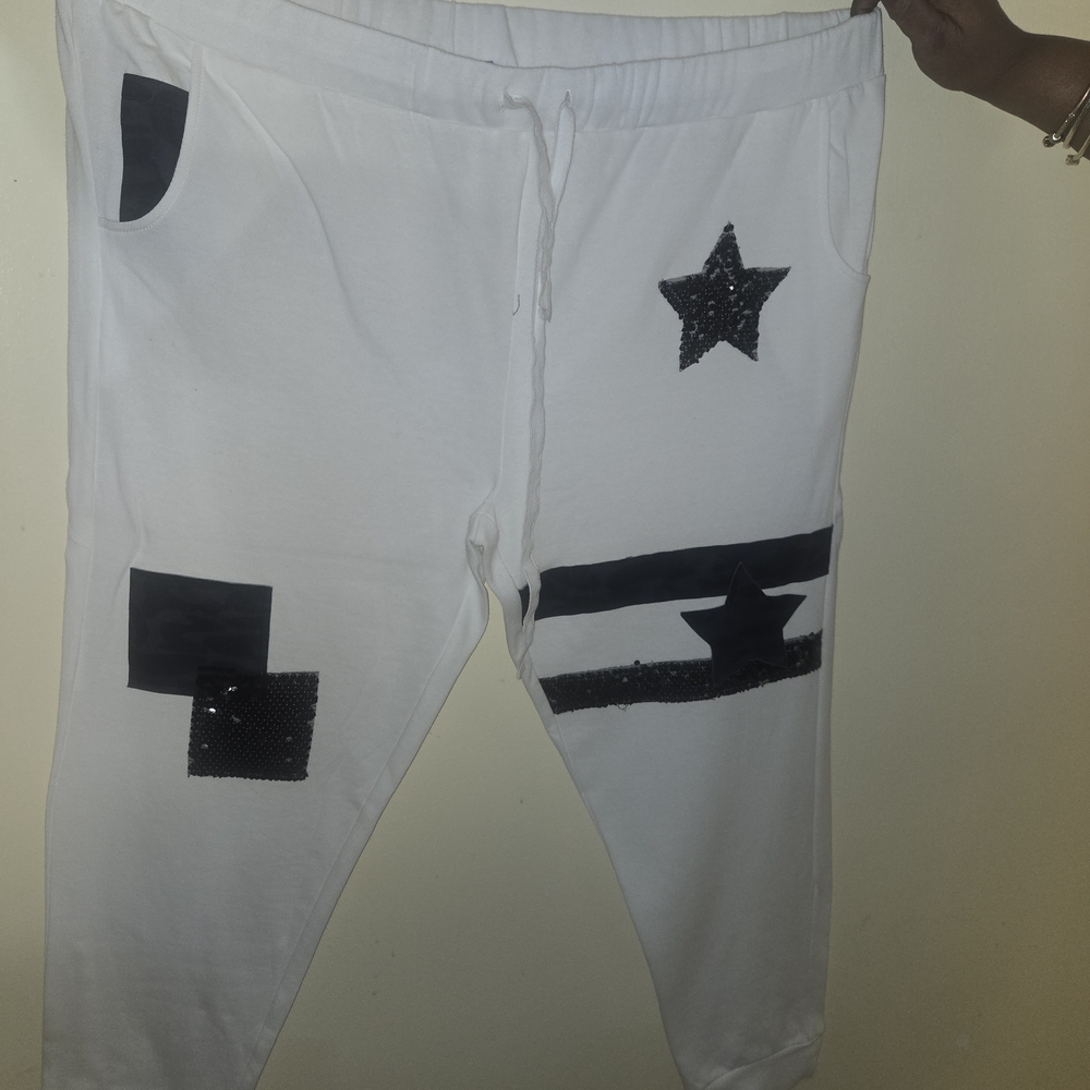 White Joggers with Black Star and Patch Design